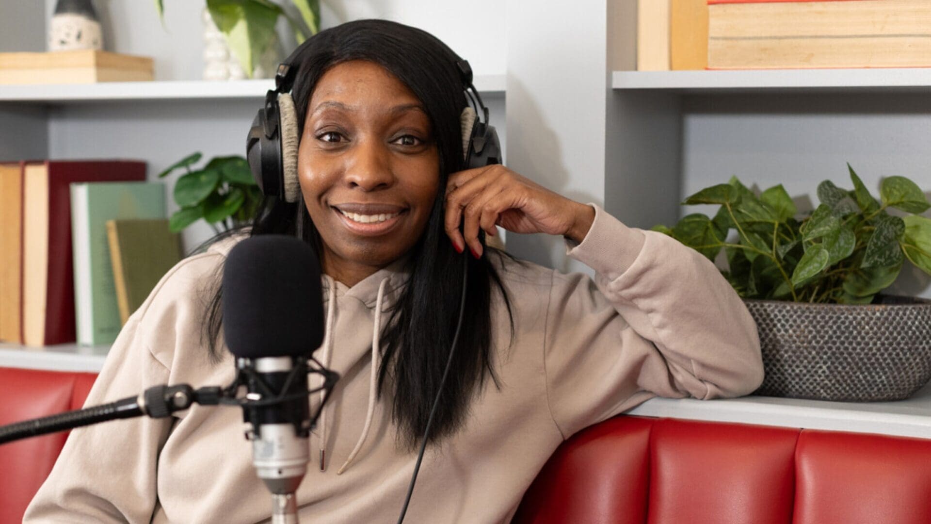 storyteller michaela williams in podcast recording studio